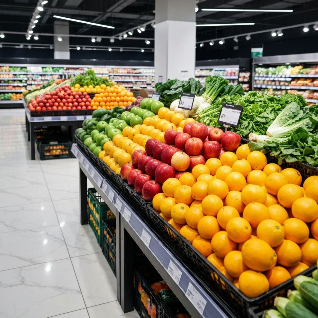Colourful fresh fruit and vegetables displayed in the Spar Warren produce section
