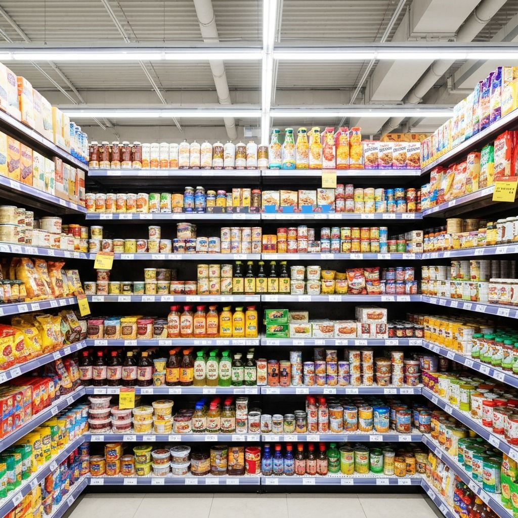 Well-stocked grocery aisles with shelves of packaged goods at Spar Warren